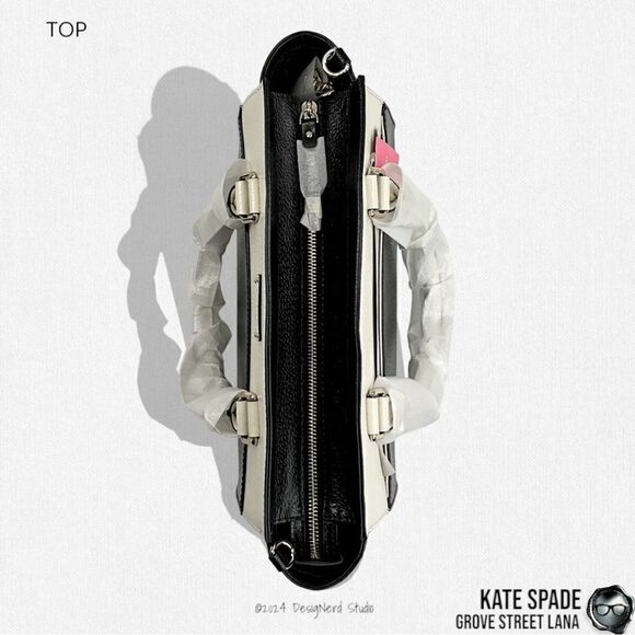 KATE SPADE GROVE STREET LANA LEATHER SATCHEL IN BLACK/CREAM WITH CROSSBODY STRAP - Picture 8 of 14